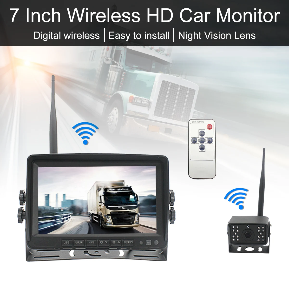 

7 Inch 1080P Digital Wireless Backup Camera System Wide LCD Display Monitor with Infrared Night Vision Camera for Bus Security