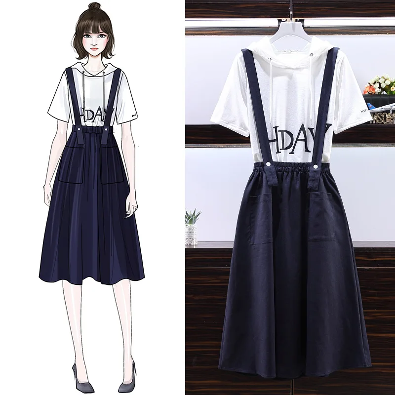 

Large Size Summer Wear Two Pieces Skirt Set Hooded T-shirt Lettered Tops WOMEN'S Tank Top Dress A- line Skirt Mid-length Korean-