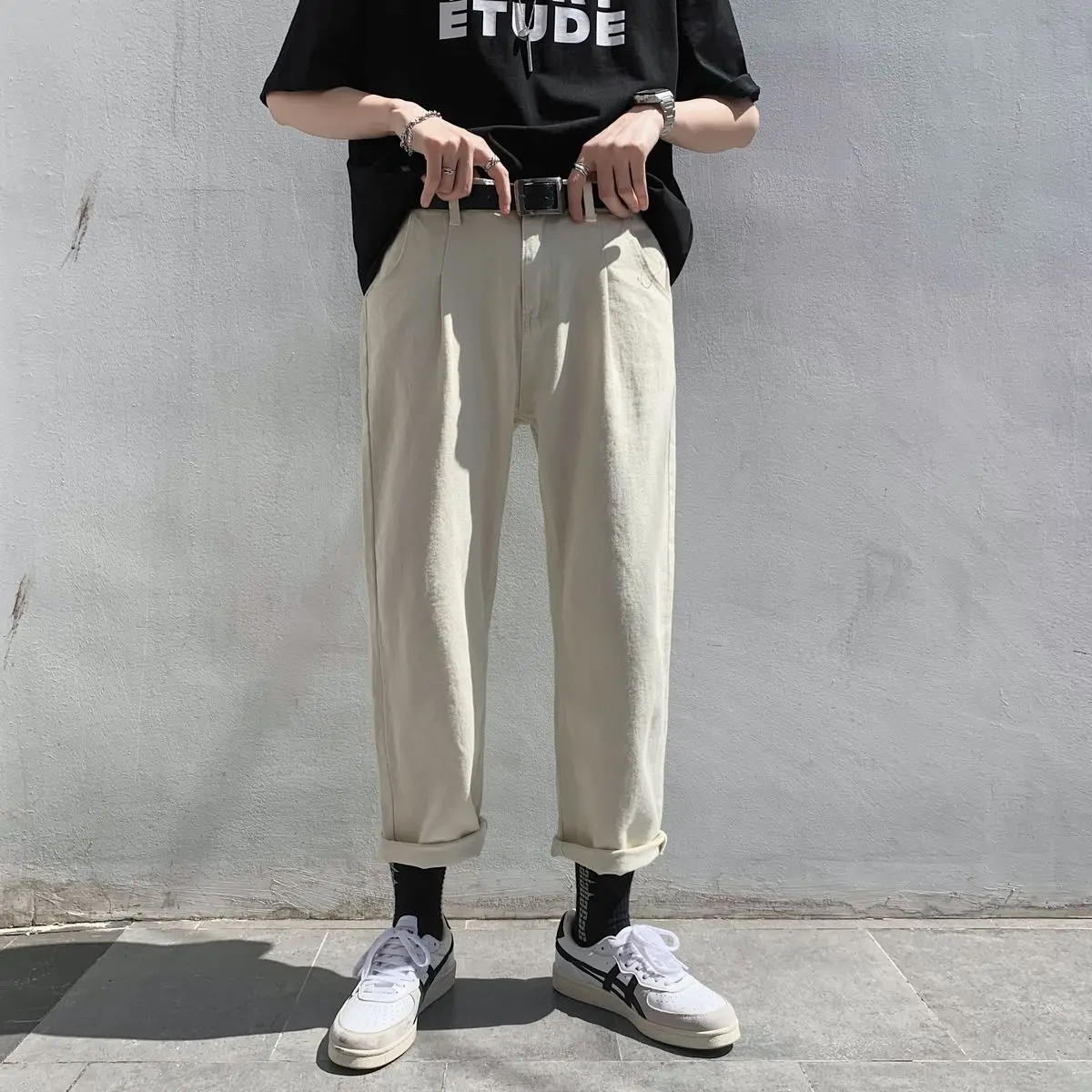 

2020 Spring And Summer New Youth Popular Male Chic Korean Version Of Solid Color Jeans Fashion Casual Raw Cropped Pants