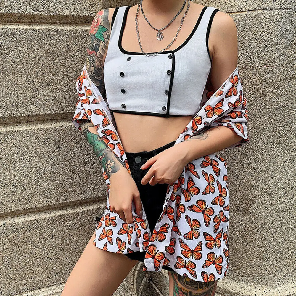 

Black Binding O Neck Summer Chic Crop Top Women's Ladies Sleeveless Cami Vest Double Buttoned Slim Classy White Short Tank Tops
