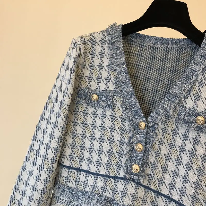 ALPHALMODA осеннее элегантное вязаное платье с v-образным вырезом и рисунком «гусиные лапки» с длинными рукавами, с высокой талией бахромой, с отделкой, модное Дамское Платье