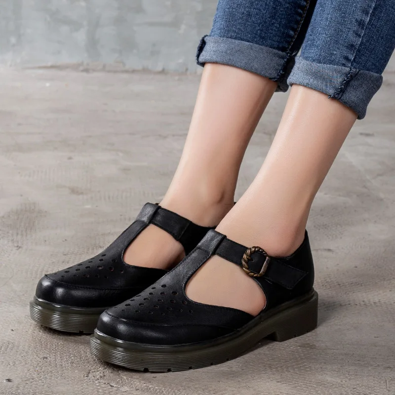 

2020 Season Women's Genuine Leather T-shaped Shape Mary Jane Sandals Cave Hollow Cowhide Flat Shoes
