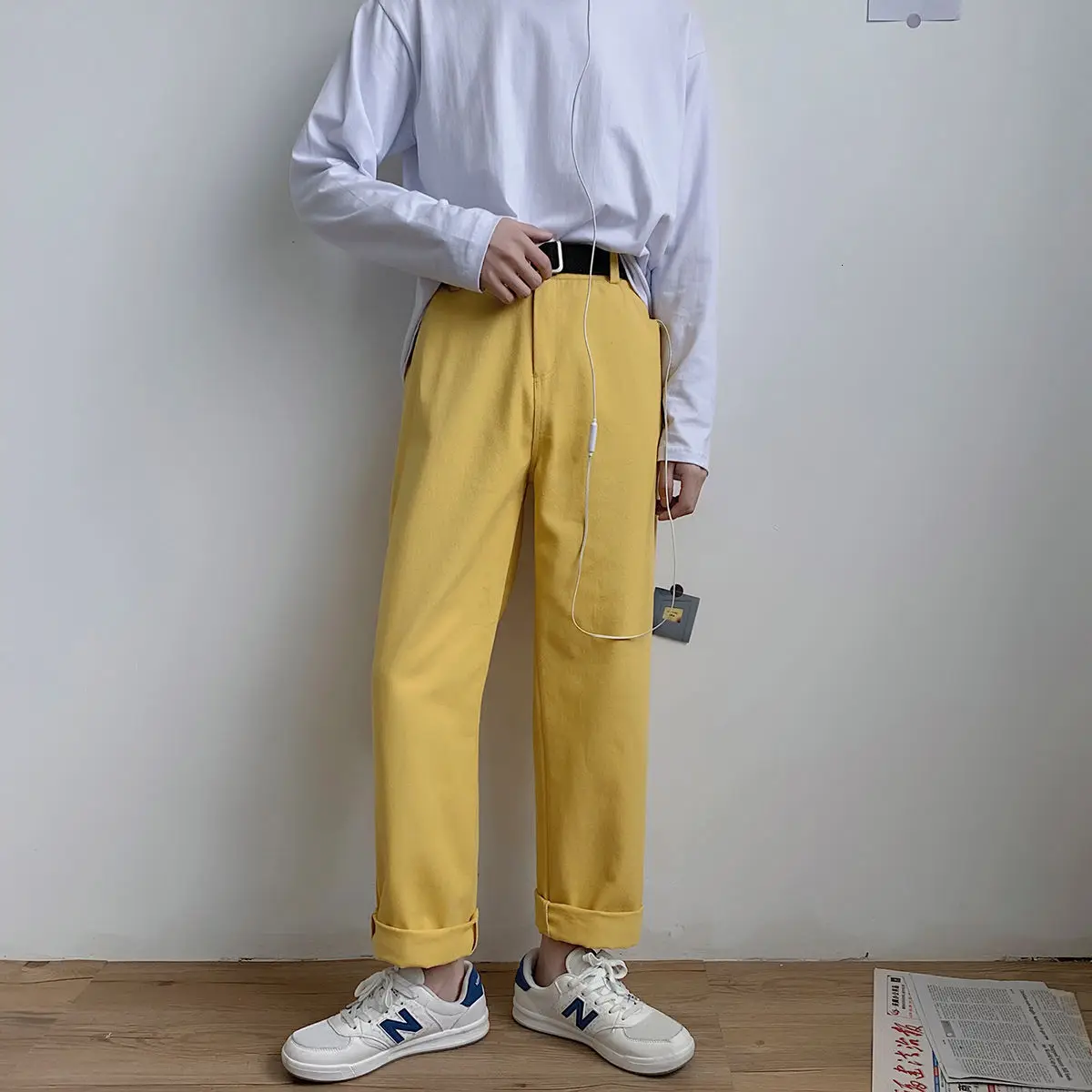 

2021 Korean Style Men's Solid Color Casual Pants Fashion Trend Yellow Straight Pants Popular Loose Streetwear Trousers M-3XL