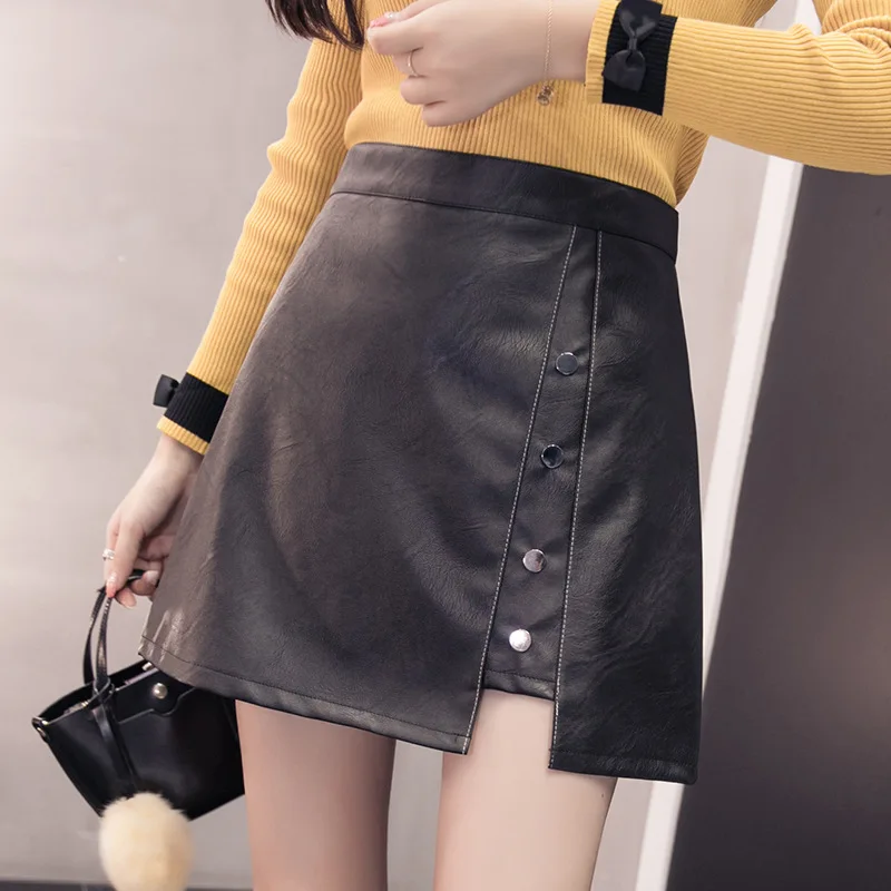 

2018 Autumn Clothing New Style Korean-style Leather Skirt Skirt A- line Skirt High-waisted Slimming Students Buckle Short Skirt