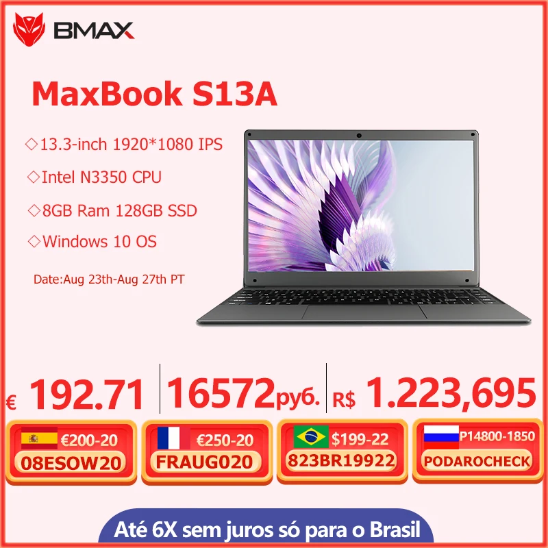 Mới Nhất BMAX S13A 13.3 Inch Intel Celeron N3350 1920X1080 IPS Notebook 8GB RAM 128GB ROM Laptop windows 10 Máy Tính Laptop