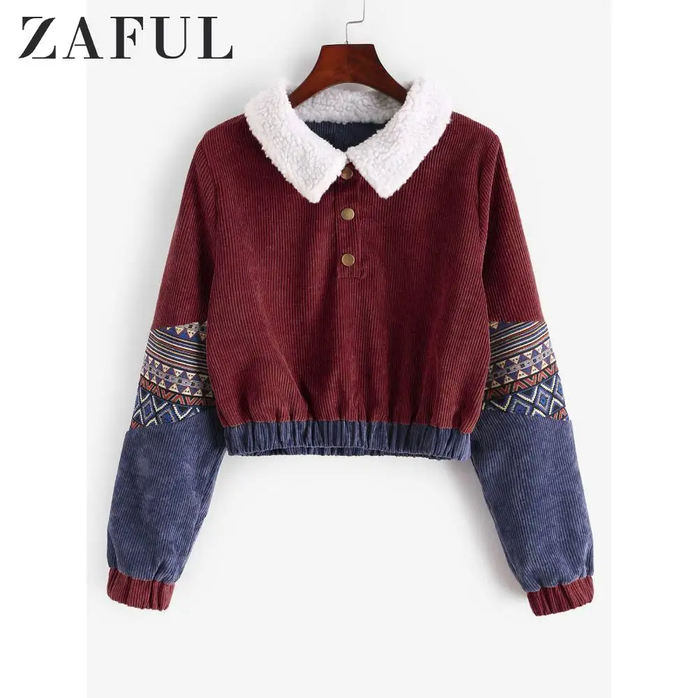 Женский вельветовый Укороченный свитшот ZAFUL винтажный хлопковый пуловер на