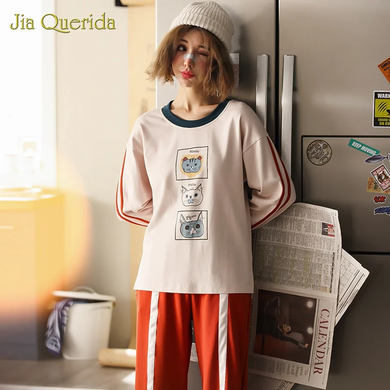 New Pyjamas Women Cartoon Printing Crew Neck Long Sleeve Long Pants Plus Size Homesuit Homeclothes Pajamas Set Loungewear Women