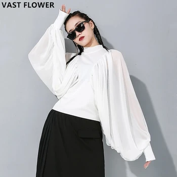 

Women pleated chiffon plus size t shirt tops fashion stand collar lantern long sleeve elegant clothes loose tee spring 2020