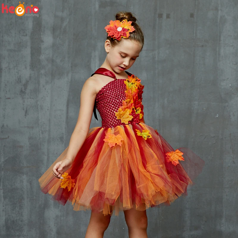 Fall Autumn Girls Tutu Dress Kids Maple Leaves Dress Up Halloween Costume Fancy Birthday Party Carnival Thanksgiving Clothes