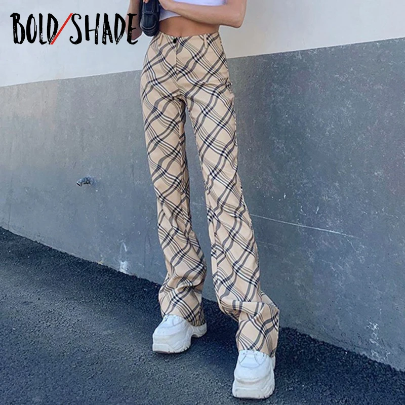 Bold Shade 90s Streetwear Fashion Women Pants High Waist Striped Khaki Trousers Y2K Autumn Winter Vintage Indie Style Pants 2020
