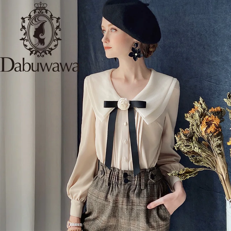 

Dabuwawa Sweet Double-layer Bow Blouse Women Autumn Lantern Sleeve Button Pleated Solid Workwear Shirts Office Lady DT1CST034
