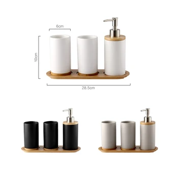 

Matte Ceramic Creative Multifunction Teeth Brushing Cup Bamboo Bathroom Tumblers Storage Bottle Dishwashing Liquid Container Set