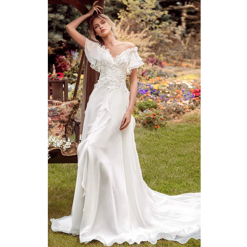 

Verngo Beach Wedding Dress 2020 Boho Weeding Dresses Lace Appliques Chiffon Wedding Gown Bride Dress Vestidos De Novia