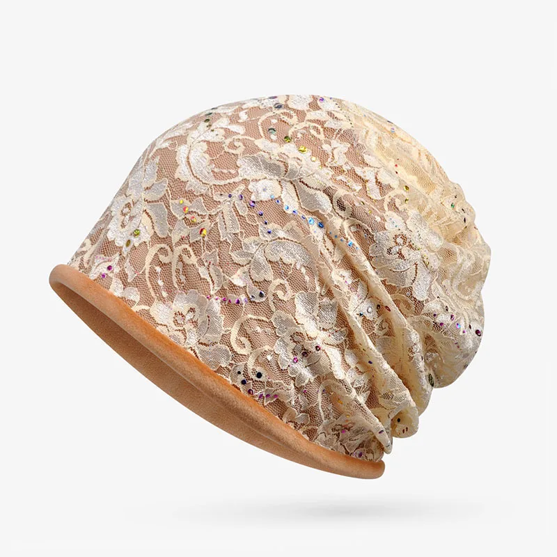 Вышивка шапочки шейный платок Женская шапка с цветком шарф Gorros элегантный зимний Теплый чепчик Повседневная Thcker эластичная шапочка для женщин - Цвет: Бежевый