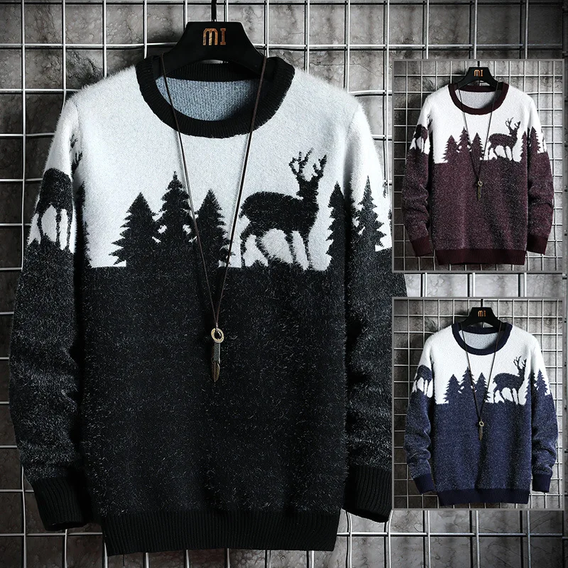 Мужской вязаный свитер на осень и зиму 2020, Повседневный пуловер с оленями и рождественской елкой, винтажный черный, серый, приталенный свитер, мужская одежда|Джемперы | | АлиЭкспресс
