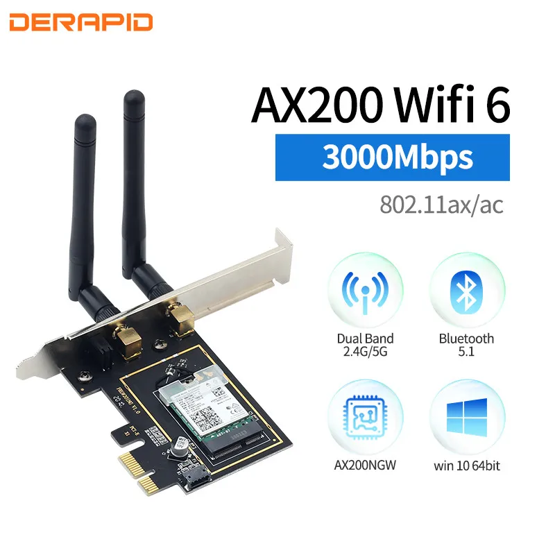 

3000Mbps Wireless PCIe Dual Band Wi-Fi 6 Adapter Intel AX200 Bluetooth 5.0 Network Wifi Card 802.11ac/ax 2.4G 5G For Desktop PC