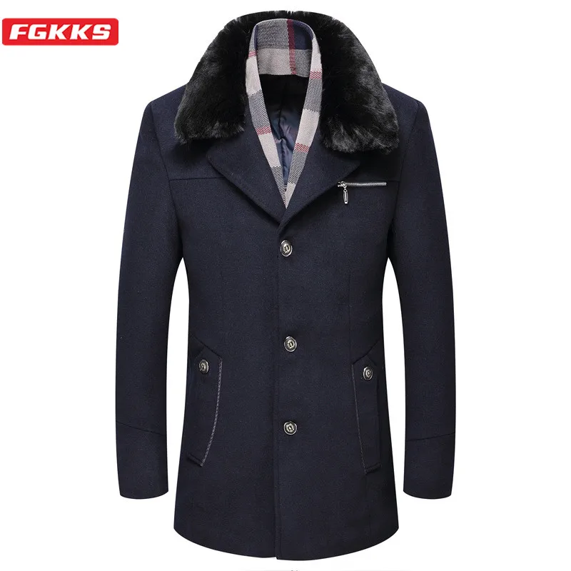 FGKKS Brand Men Wool Blend Coats Winter New Men's Business Casual Fur Collar Overcoat Plus Velvet Thick Wool Coat Male FGKKS Brand Men Wool Blend Coats Winter New Men's Business Casual Fur Collar Overcoat Plus Velvet Thick Wool Coat Male