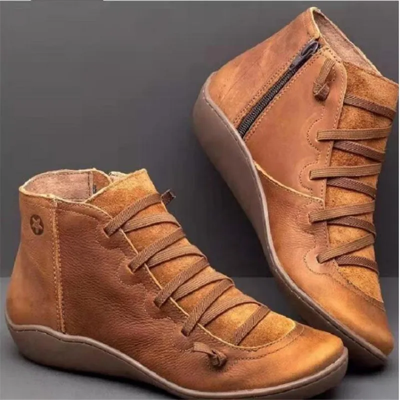 Женские зимние ботинки; весенние ботильоны из натуральной кожи на плоской подошве; женские короткие ботинки коричневого цвета с мехом; коллекция года; женские ботинки на шнуровке - Цвет: 4