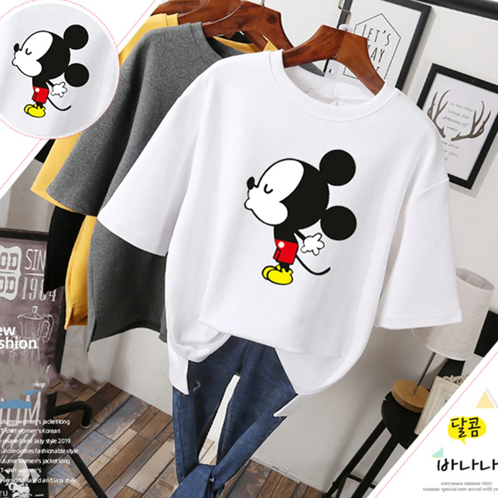 White Women T-shirt Mickey Mouse Print Disney Clothes Cartoon Female Tops Short Sleeve Black Korean Style Summer T-shirts Women