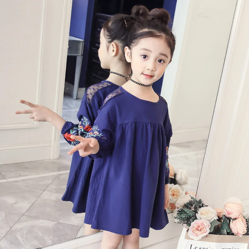 

Girls 2018 Spring And Autumn Washed Cotton Dress Little Girl Long Sleeve Flower Embroidered Cotton Cloth Skirt