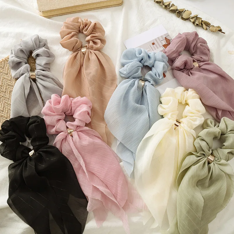 

2019 Hot Double Layer Bow Fabric Hair Bands for Women Scrunchies 8 Color Headbands Streamers Party Ribbon Elastic Hair Jewelry