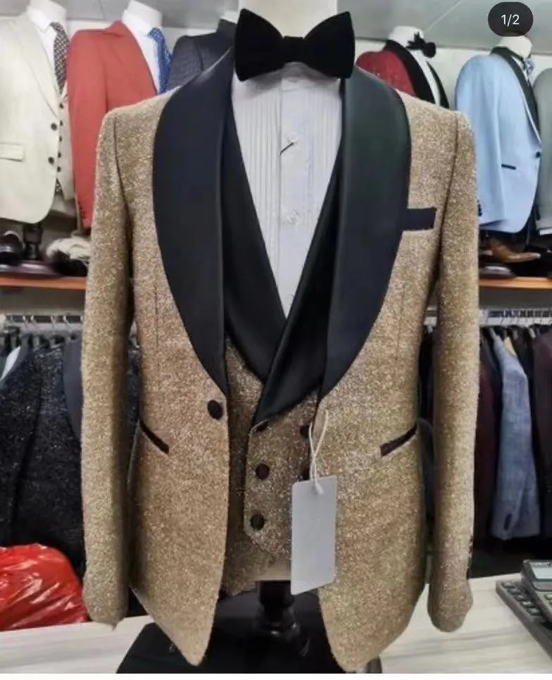 Latest design Classic Shiny golde with black wedding suits for men slim fit suit groom best party tuxedos 3 piece Blazer