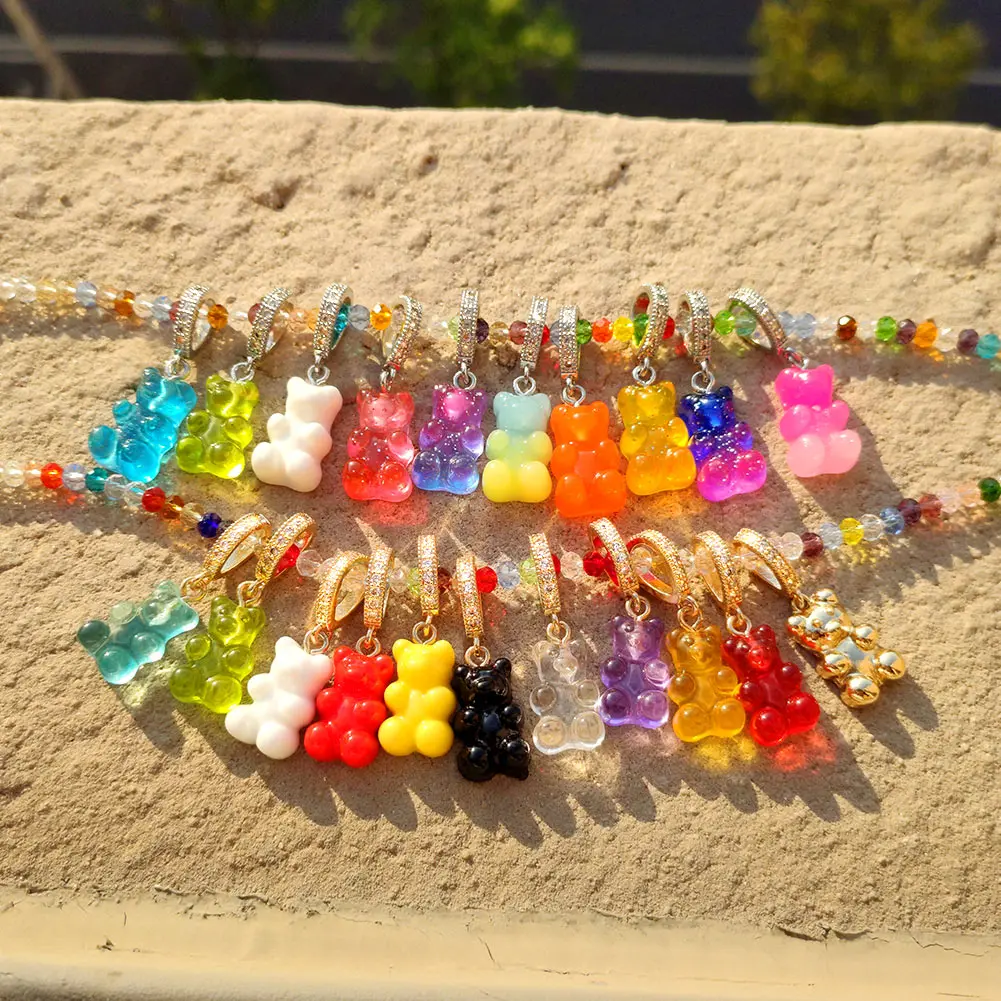 Korean Glass Beaded Collar Shiny Jelly Gummy Bear Pendant Necklace Jewelry Silver Color Zircon Mini Bears Beads Neckalces Women | Украшения