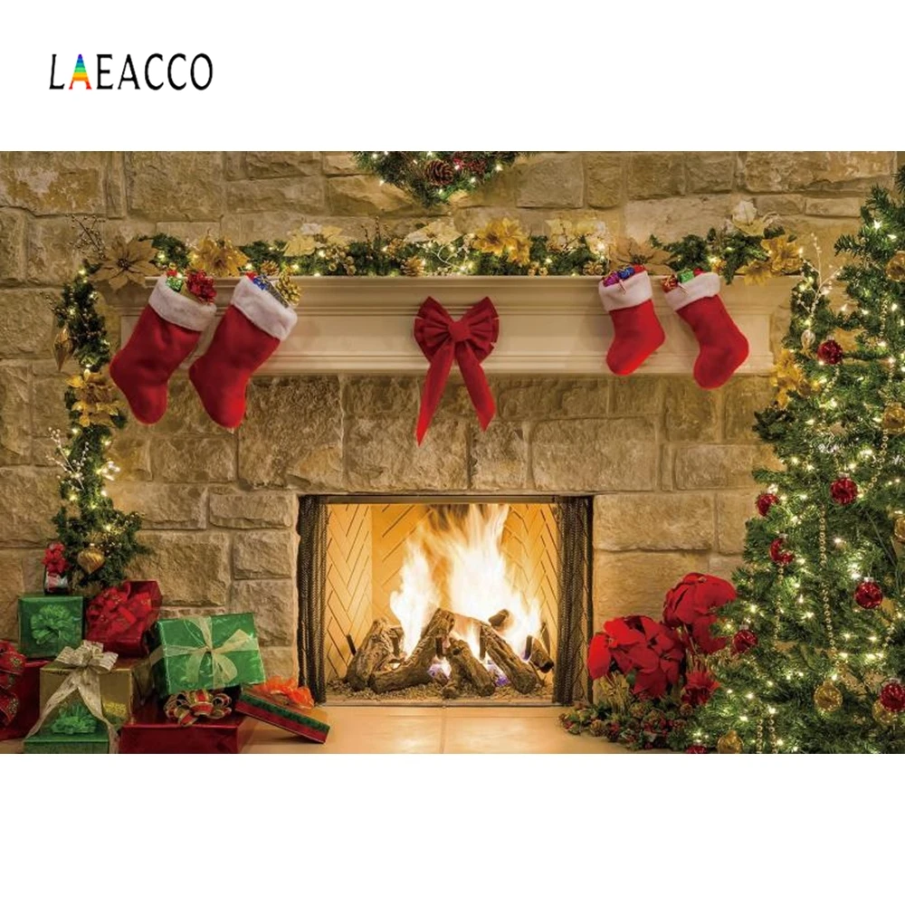 

Laeacco Christmas Tree Fireplace Stocking Gifts Decor Photography Backgrounds Customized Photographic Backdrops for Photo Studio