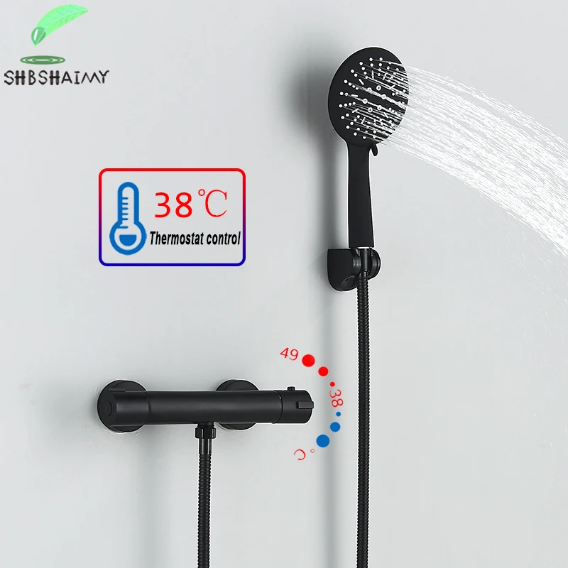 SHBSHAIMY Matte สีดำ Thermostatic ปกปิดชุดฝักบัวอาบน้ำพร้อม Handshower ติดผนัง Hot และ Cold อ่างอาบน้ำก๊อกน้ำวาล์วผสม 1