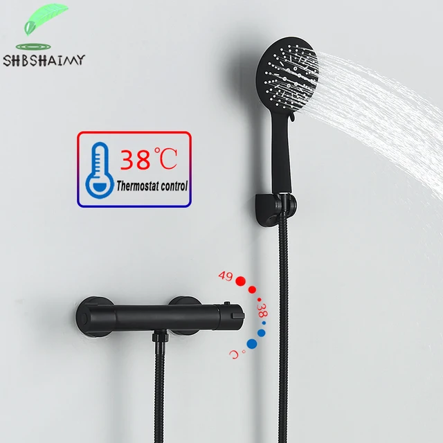 SHBSHAIMY Matte สีดำ Thermostatic ปกปิดชุดฝักบัวอาบน้ำพร้อม Handshower ติดผนัง Hot และ Cold อ่างอาบน้ำก๊อกน้ำวาล์วผสม 1
