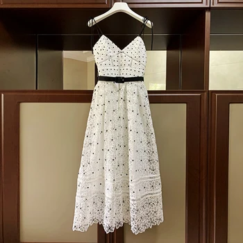 

Herudoan Bohemian Vacation Dress Women Fashion Designer Summer Spaghetti Strap Print Hollow Out Lace Midi Dress