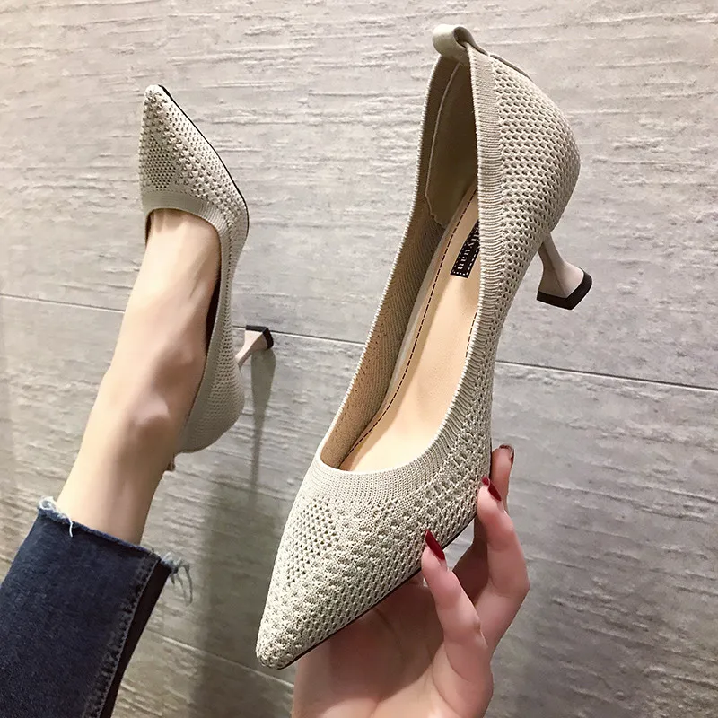 Ol Office-zapatos de tacón alto para mujer, calzado de tela elástica de punto, zapatos de vestir para mujer, calzado básico negro con punta estrecha, Primavera