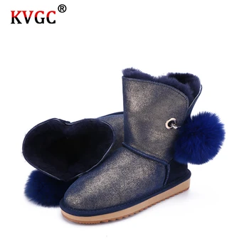 

KVGC 2020 The New Genuine Cowhide Leather Wool Fur Lined Suede Casual Winter Boots for Women Pom-pom Wild solid color Snow Boots