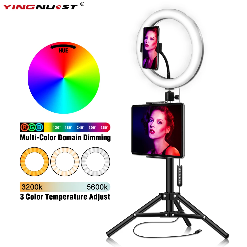 

Yingnuost RGB Ring Light Kit 10" Dimmable LED Ring Lamp with 63"Tripod Stand & IPad Holder for Photography Makeup YouTube Video
