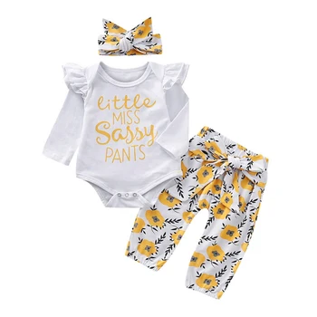 

Newborn Clothing Kids Baby Girls Letter Printed Romper Floral Printed Pants Headband Children 3pcs Clothing Sets Hot