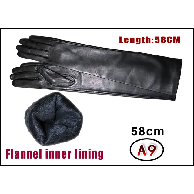 Extended Leather Gloves Ladies Sheepskin Mid-long Winter Warm Leather Sleeves Plus Velvet Thickened Driving Touch Screen Women's A9 58cm