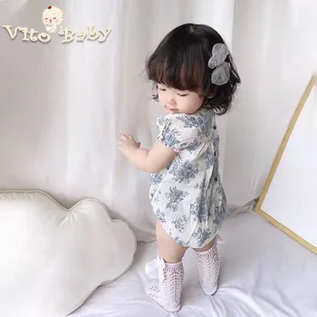 

VITO Baby summer bodysuit paragraph female baby infants and young children cute Romper short sleeve printing baby girl clothes