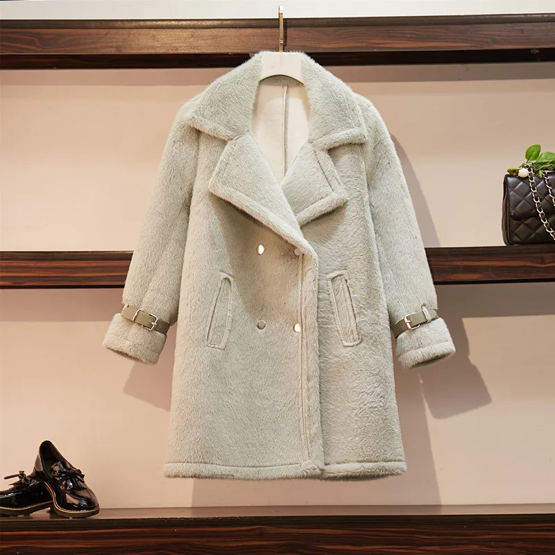 HANZANGL имитация норки шуба Зимняя мода большой отворот с длинным рукавом двубортная теплая кашемировая куртка длинное пальто