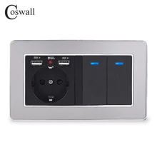 COSWALL Россия Испания стандарт ЕС розетка с 2 USB порт зарядки+ 2 банды 1 способ вкл/выкл переключатель из нержавеющей стали Рамка