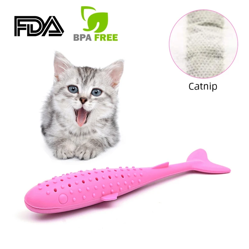 Interactive Cat Catnip Toys Fish Shape Toothbrush Refillable Catnip Simulation Fish Silicone Teeth Cleaning Chew Pet Cats Toy