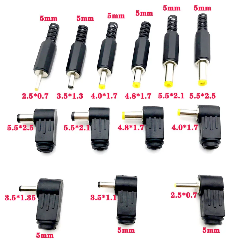 DC Power Male Plug Jack Adapter 90Degree 2PCS 5.5x2.1mm 5.5x2.5mm 4.8x1.7mm