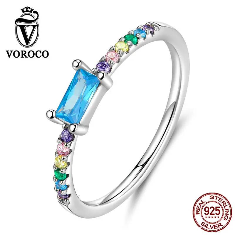 

VOROCO Real 925 Sterling Silver Ring Rainbow Colorful Blue Zircon Finger Rings Original Design for Women Wedding Jewelry BKR590