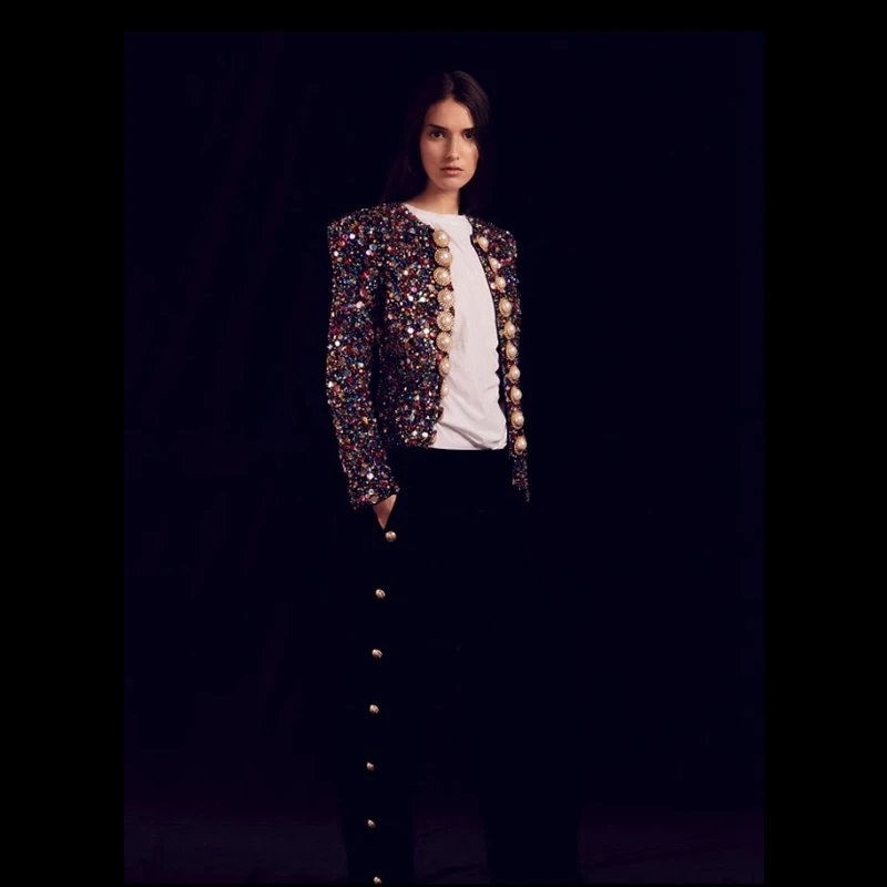 

2019 New Fashion Show Style Cool Black Sequins Jacket Long Sleeve Women Jackets Celebrity Cocktail Party Top Outfit Wholesale