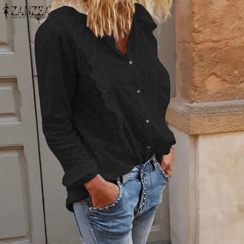  ZANZEA Oversized Women Tops and Blouses Embroidery Hollow Out Shirt 2019 Autumn Long Sleeve Tunic T