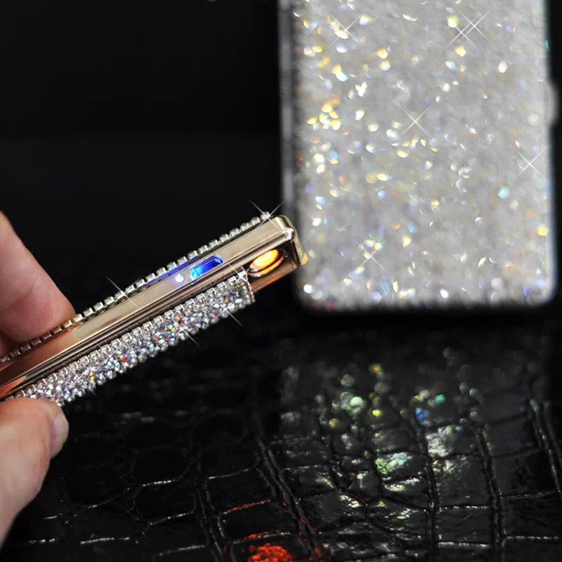 Bling Crystal USB Charging Double-sided Diamond Lighter Windproof Flameless Electronic Cigar Cigarette No gas Electric Lighters