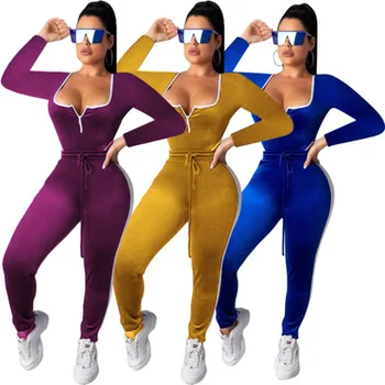 

Europe and the United States new autumn sexy women's zipper u-neckline solid color slim vest pants two-piece