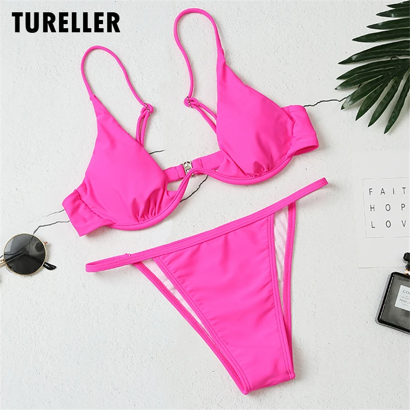 

2020 Summer Sexy Bikini Swimwear Women Micro Neon Thong Biquini Brazilian Solid Hooked Wired Two Pieces Swimsuit Bathing Suits