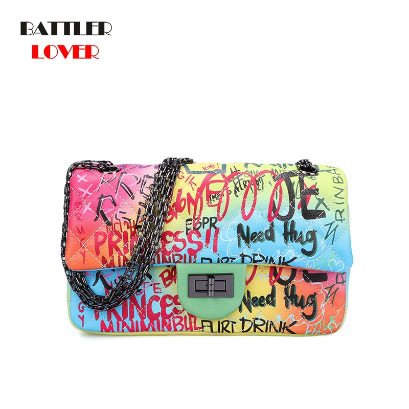 Famous Brand Graffiti Bags for Women Rainbow Color Luxury Designer Female Bags Ladies Purses and Handbags