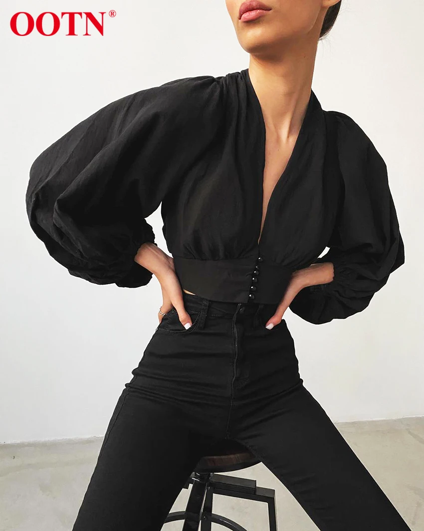OOTN Sexy Crop Top Shirt Black Lantern Sleeve Women Blouse V 