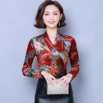 

9705V Collar Velvet Printed Base Shirt Women Long Sleeve 2020 WOMEN'S Top Slim Fit Fashion T-shirt